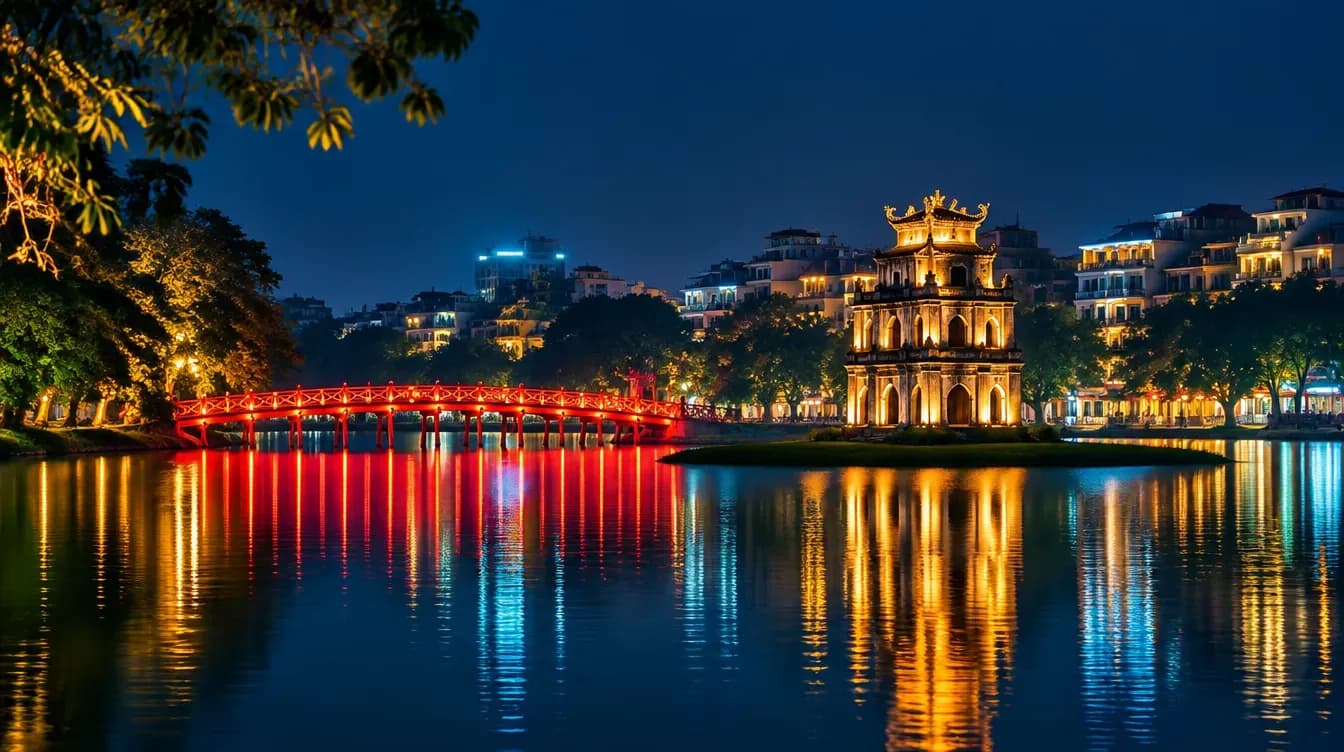 하노이 호수 위 붉은 다리와 탑, 물에 비친 조명을 표현한 연출 이미지