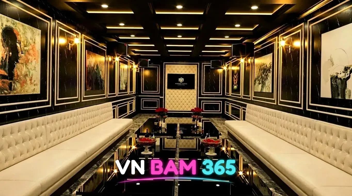다낭 준코 가라오케 VIP 룸, 추상화 액자와 흰 가죽 소파가 마주 놓인 긴 공간