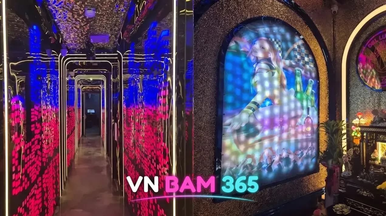 호치민 델루나 가라오케 복도, 붉은 LED 벽 터널과 아치형 LED 그림 장식