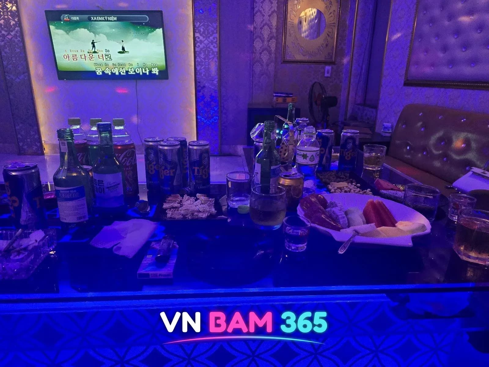 하노이 존슨 가라오케 상차림, 소주와 타이거 맥주, 과일과 마른안주