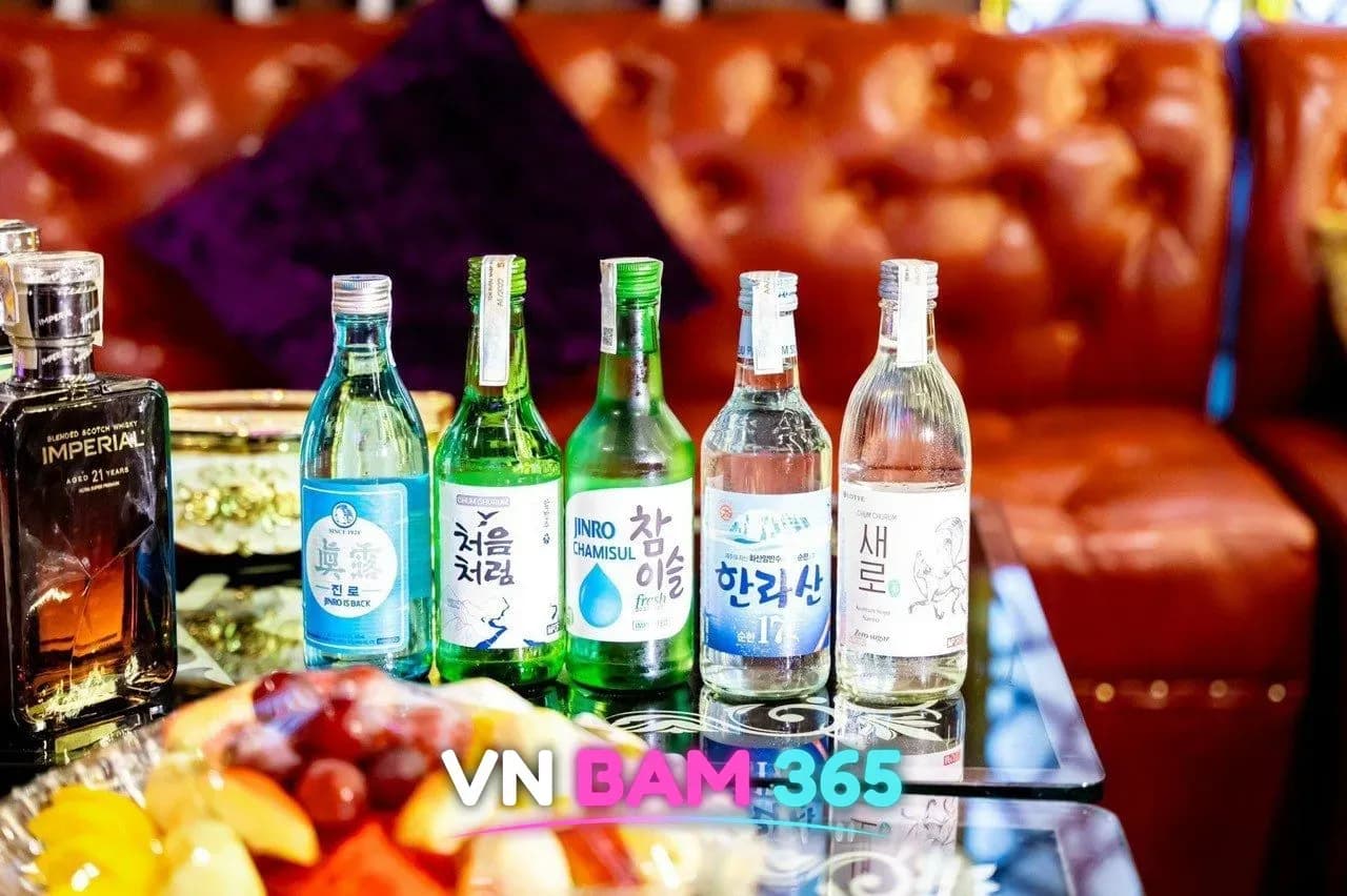호치민 더원 가라오케 테이블의 진로·처음처럼·참이슬·한라산·새로 소주병