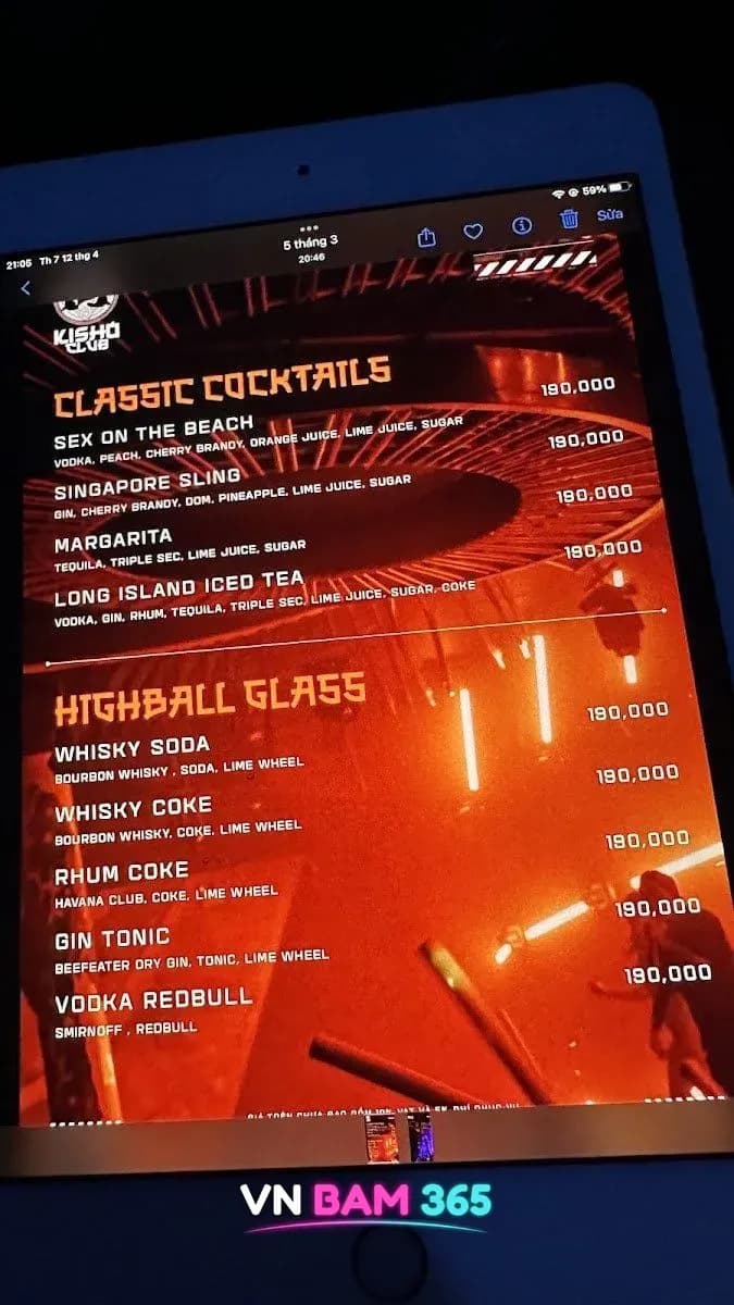 나트랑 키쇼 클럽 칵테일·하이볼 메뉴판, 클래식 칵테일과 하이볼 전 품목 19만동 표기