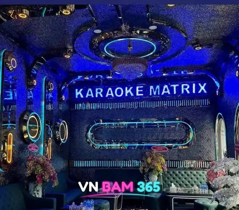 호치민 매트릭스 가라오케 룸, KARAOKE MATRIX 조명 문구와 파란 장식 벽, 꽃 장식