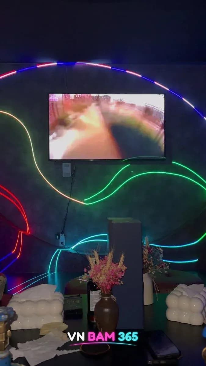 나트랑 버니바 실내, 네온 줄조명 벽과 TV, 꽃병 장식