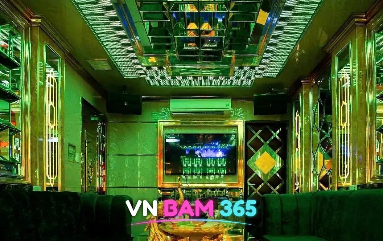 푸꾸옥 해피 가라오케 초록 조명 VIP 룸의 공작 장식과 소파