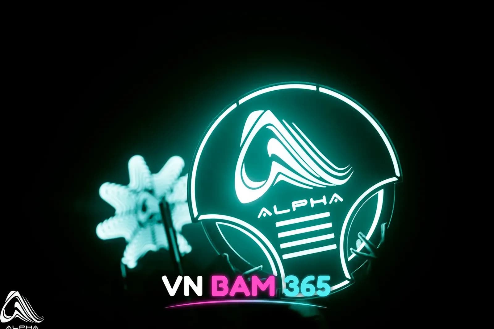 나트랑 알파 클럽 청록색 ALPHA 원형 네온 로고 사인과 별 모양 조명